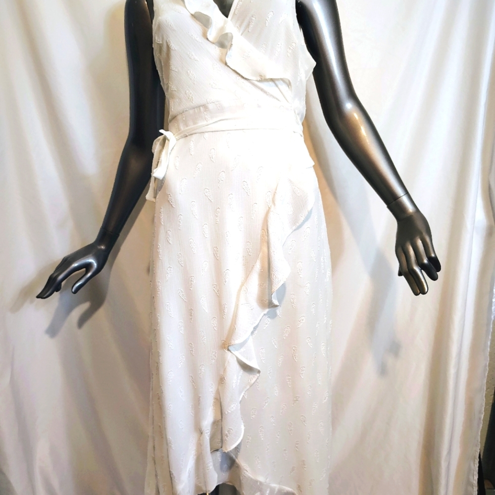 Bar III wrap around white ruffle dress midi to maxi